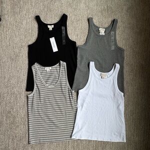Set of Four Tank Tops in Black, Gray, Striped, and White